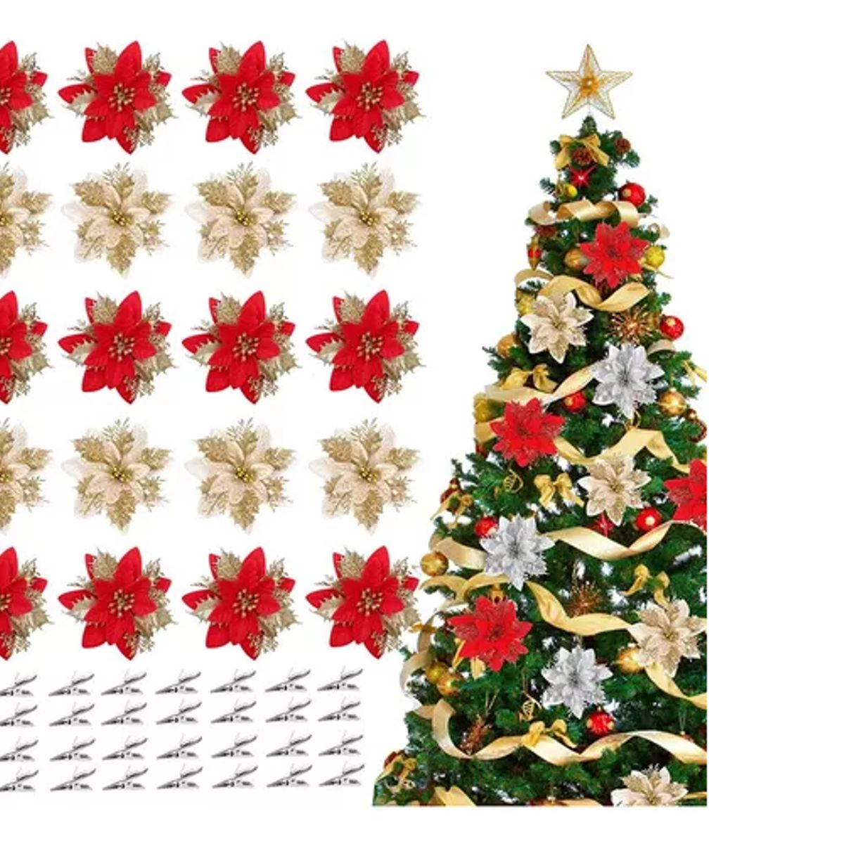 GENERICO - 20 Flores Noche Buenas Artificiales Adornos Arbol Navidad