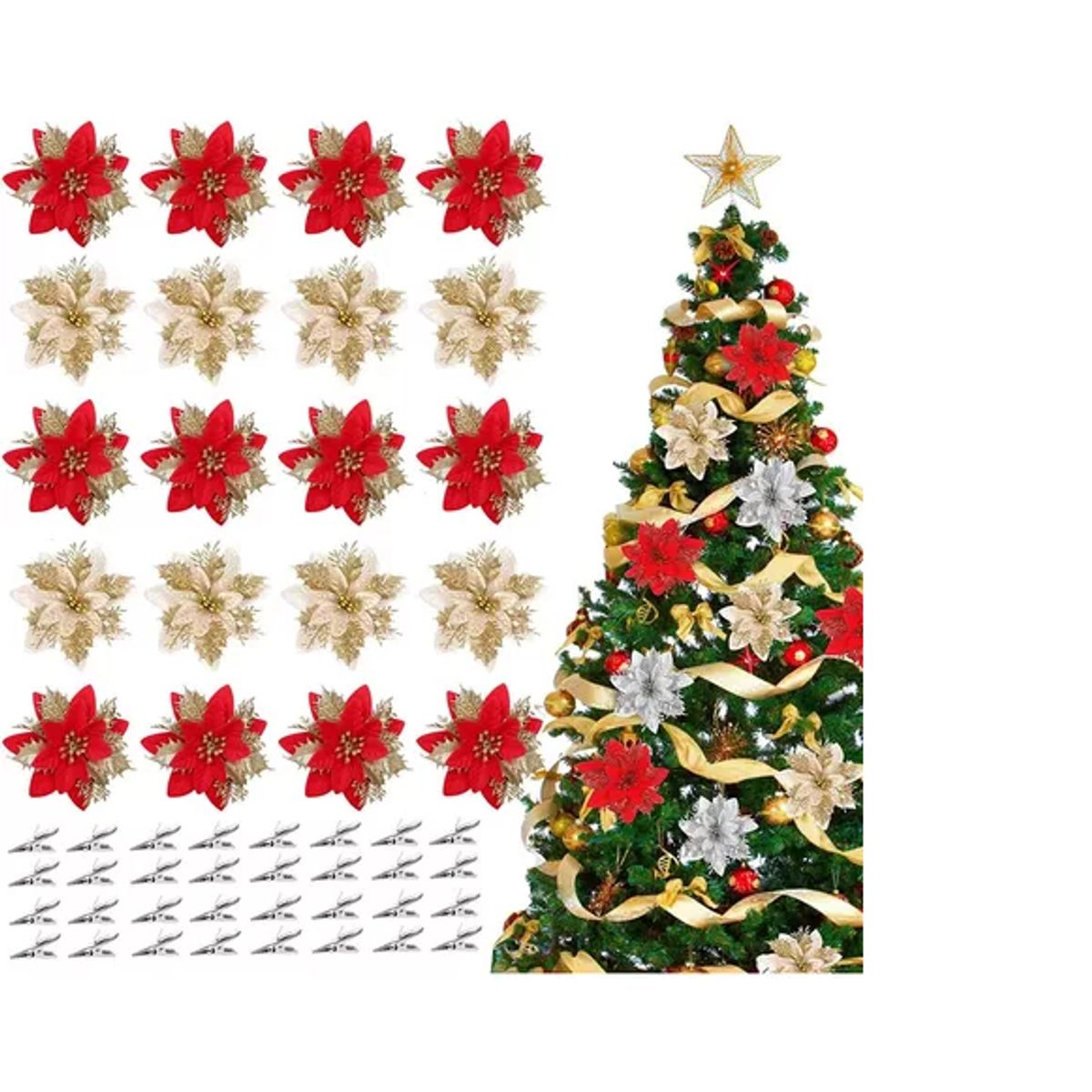 GENERICO - 20 Flores Noche Buenas Artificiales Adornos Arbol Navidad