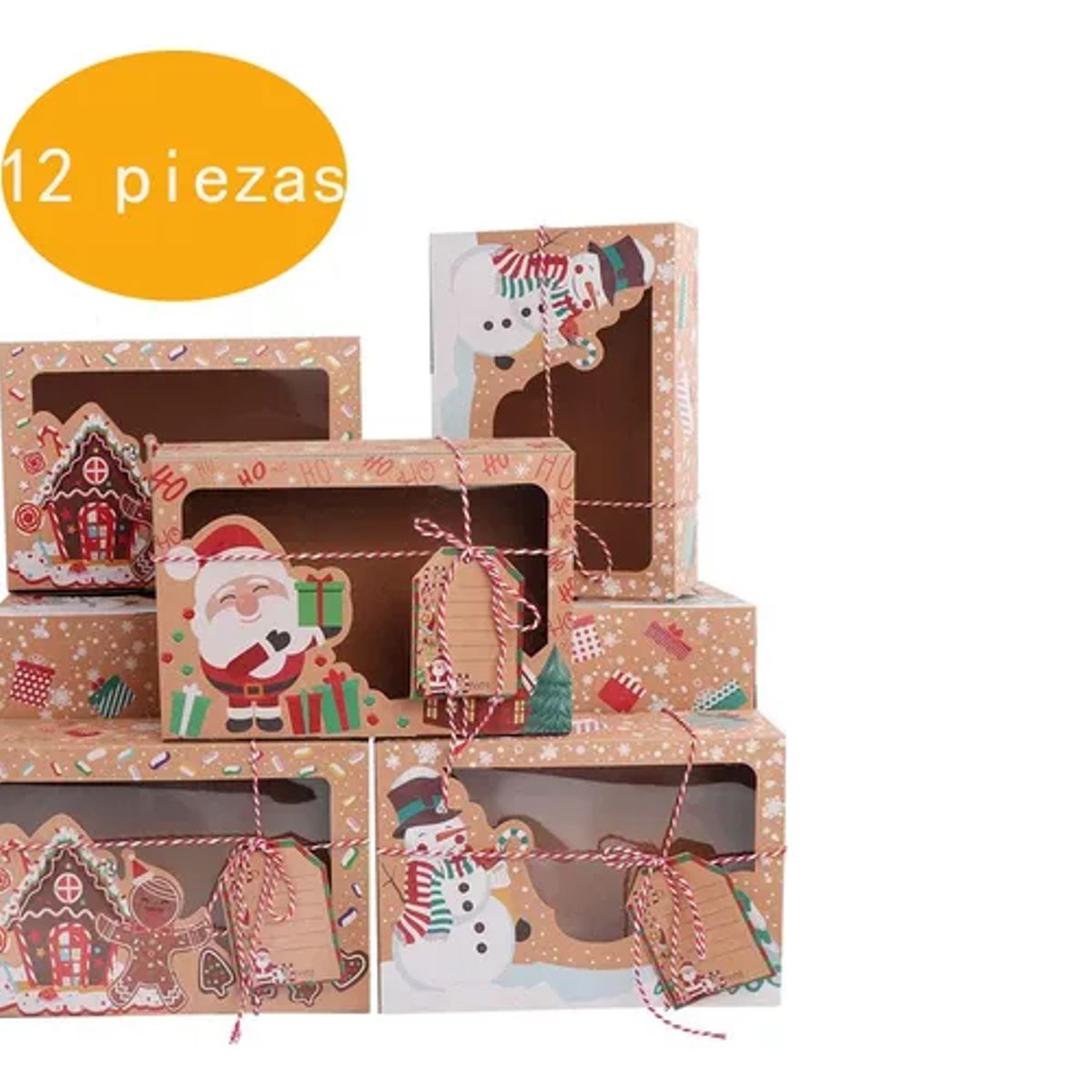 GENERICO - 12 Cajas Galletas Con Ventana Navidad Kraft Regalo Adornos