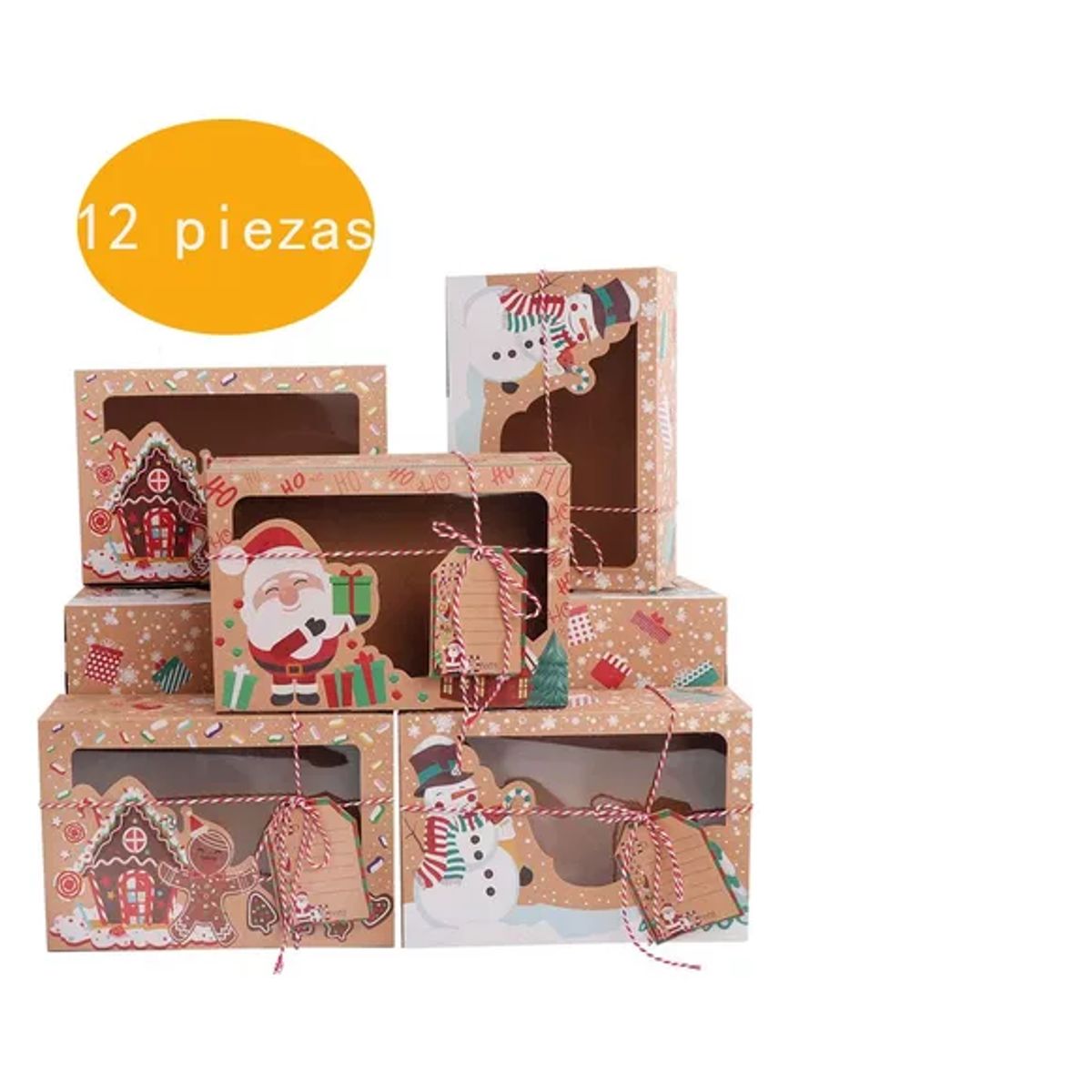 GENERICO - 12 Cajas Galletas Con Ventana Navidad Kraft Regalo Adornos