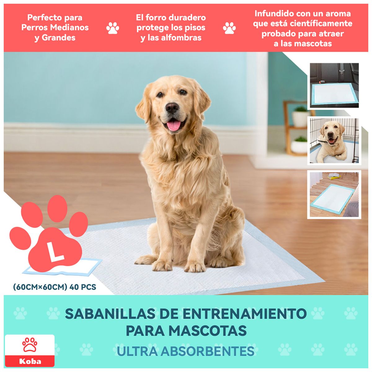 KOBA - 40 Pañales Sabanillas Entrenamiento Perro Talla L 60x60cm