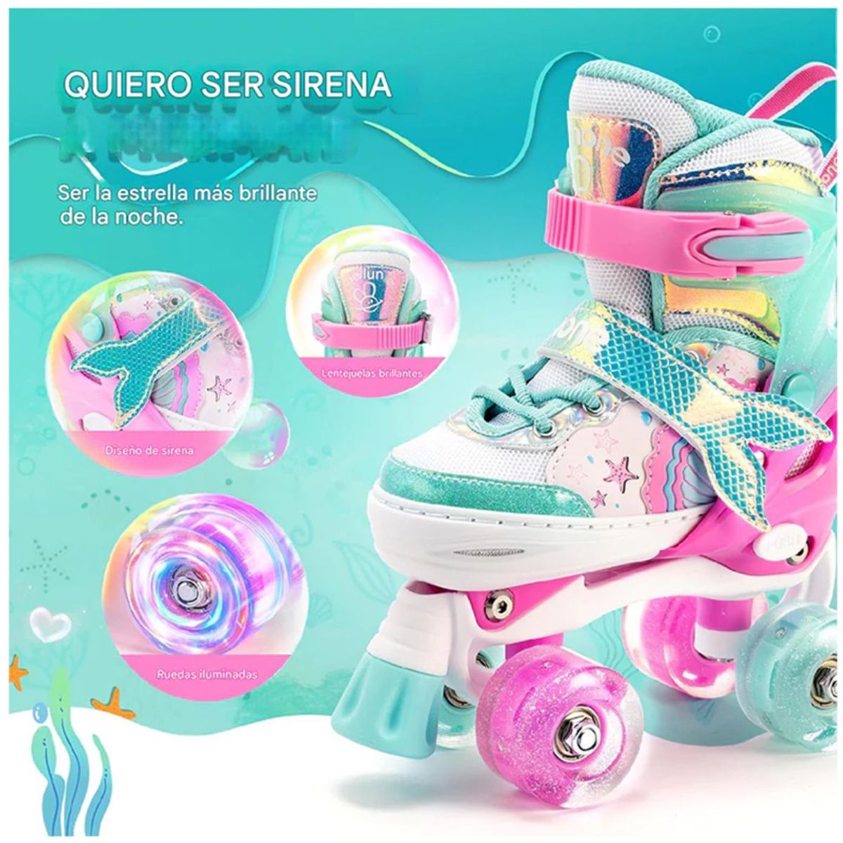 GENERICO - Patines 4 Ruedas Sirenas Verdes Ruedas Led Talla S