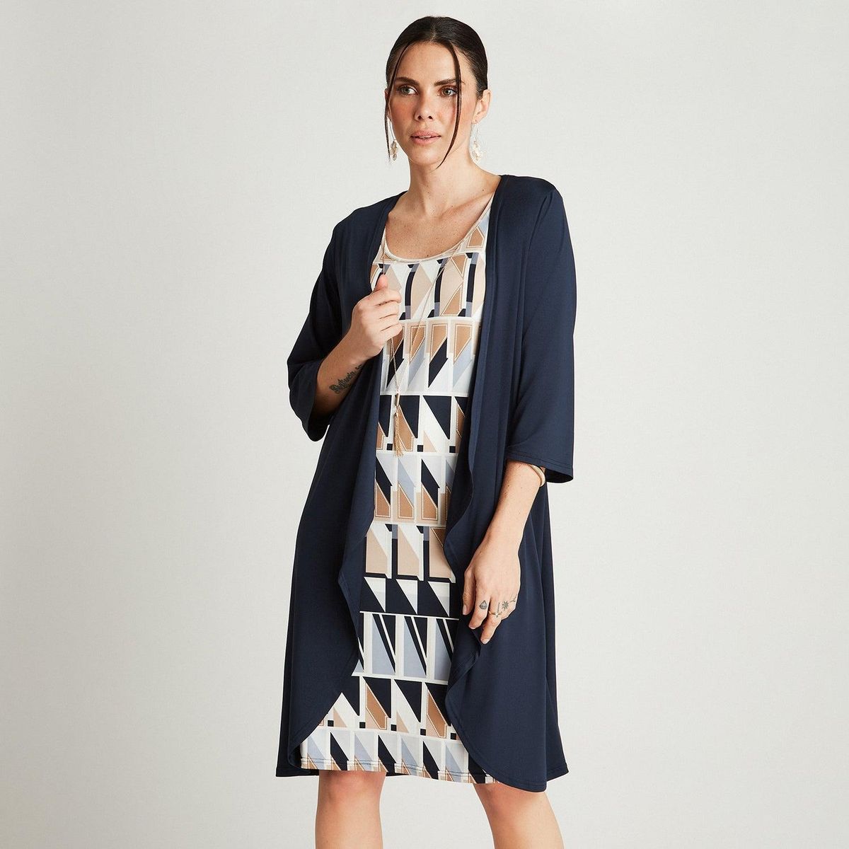 LORENZO DI PONTTI - Vestido Midi Azul Manga 3/4 Cuello Redondo Con Tapadito