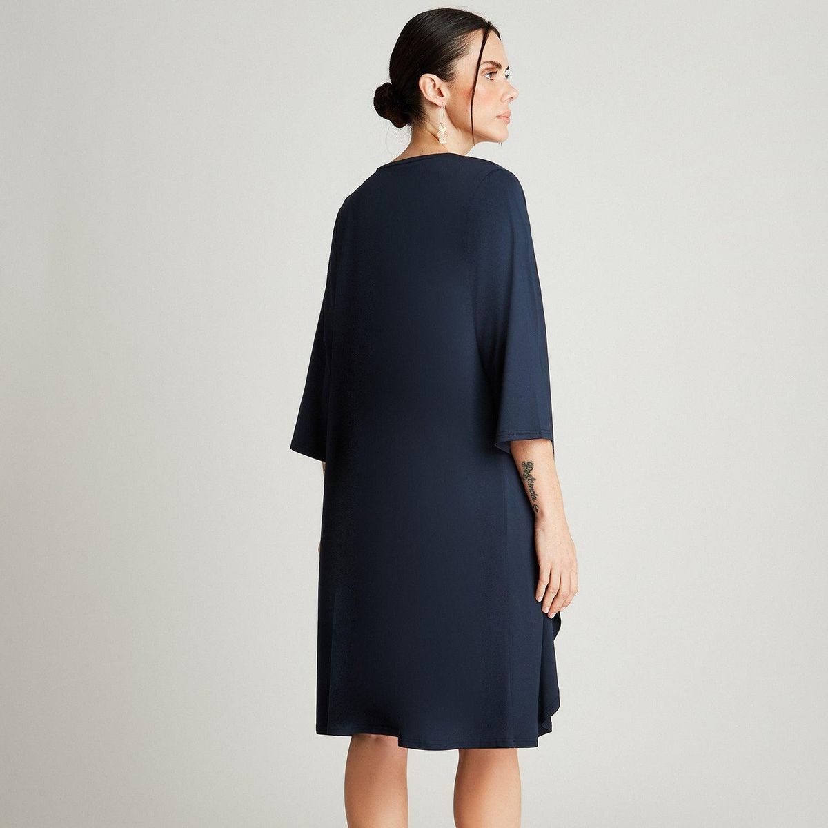 LORENZO DI PONTTI - Vestido Midi Azul Manga 3/4 Cuello Redondo Con Tapadito