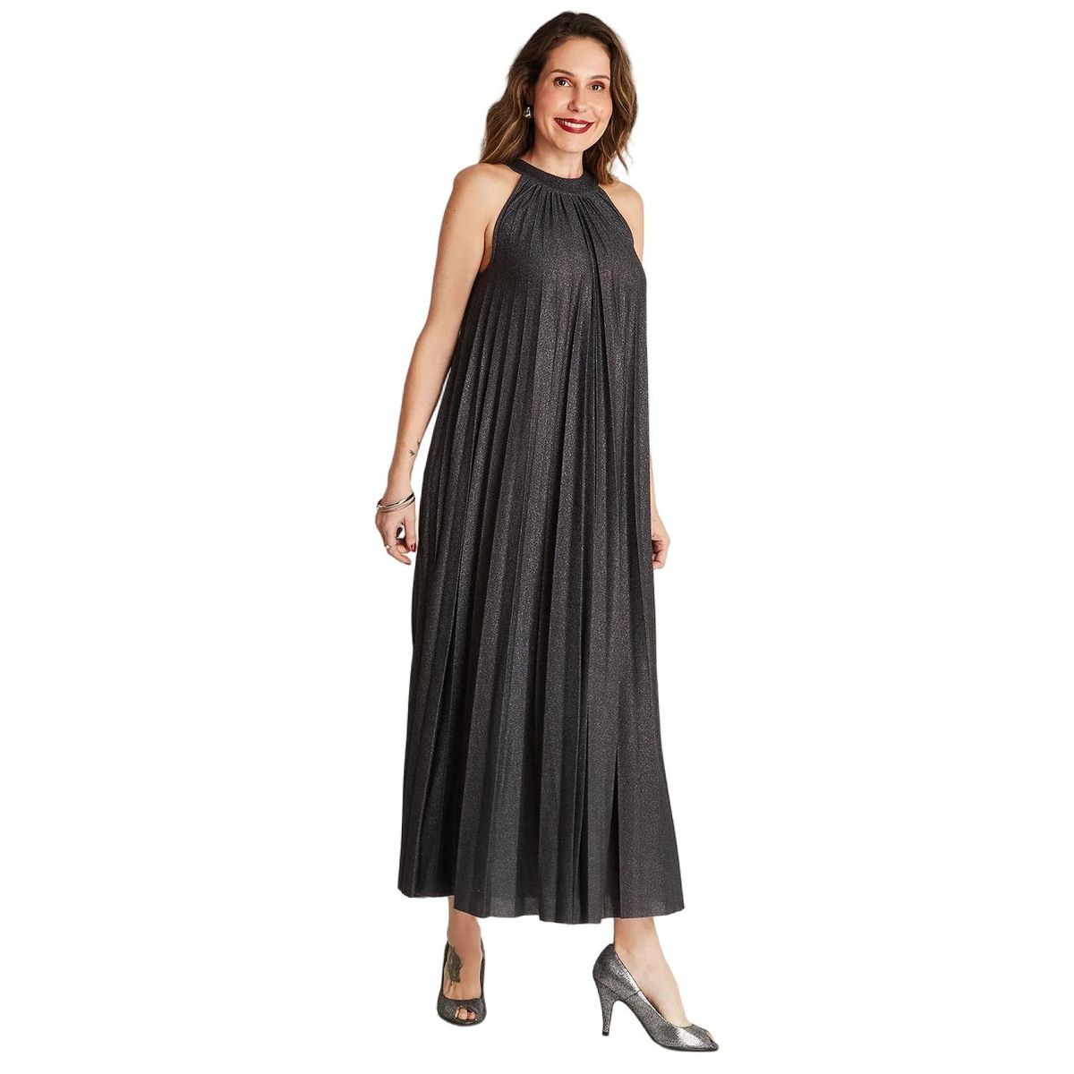 LORENZO DI PONTTI - Vestido Largo Negro Sin Manga Plisado Cuello Redondo