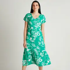 CURVI - Vestido Maxi Verde Manga Corta Estampado Cuello V