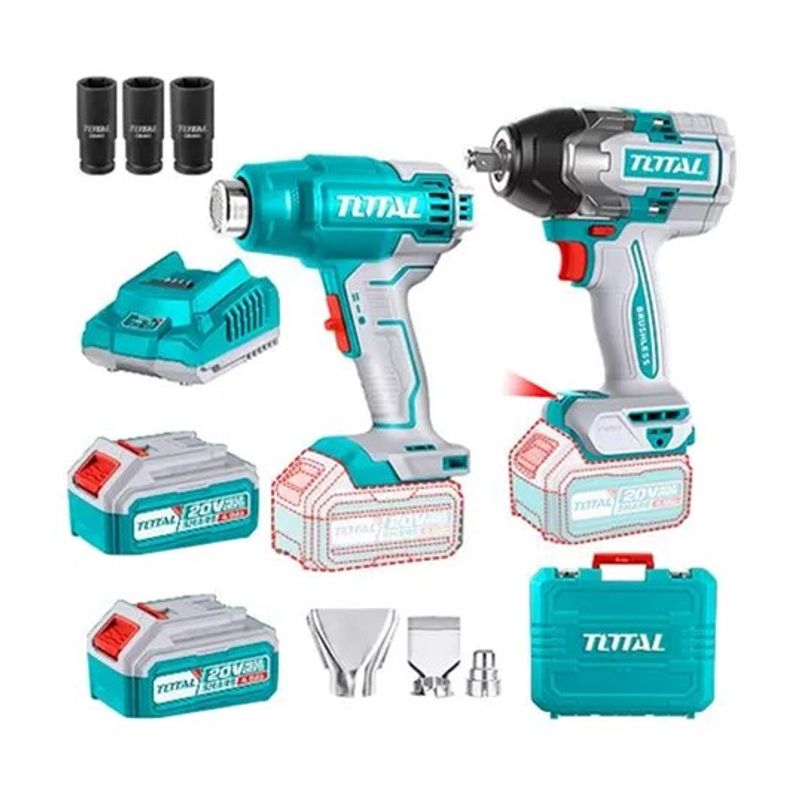 TOTAL TOOLS - Kit Llave Impacto 850nm+ Pistola De Calor 20v 2bat+ Carg.