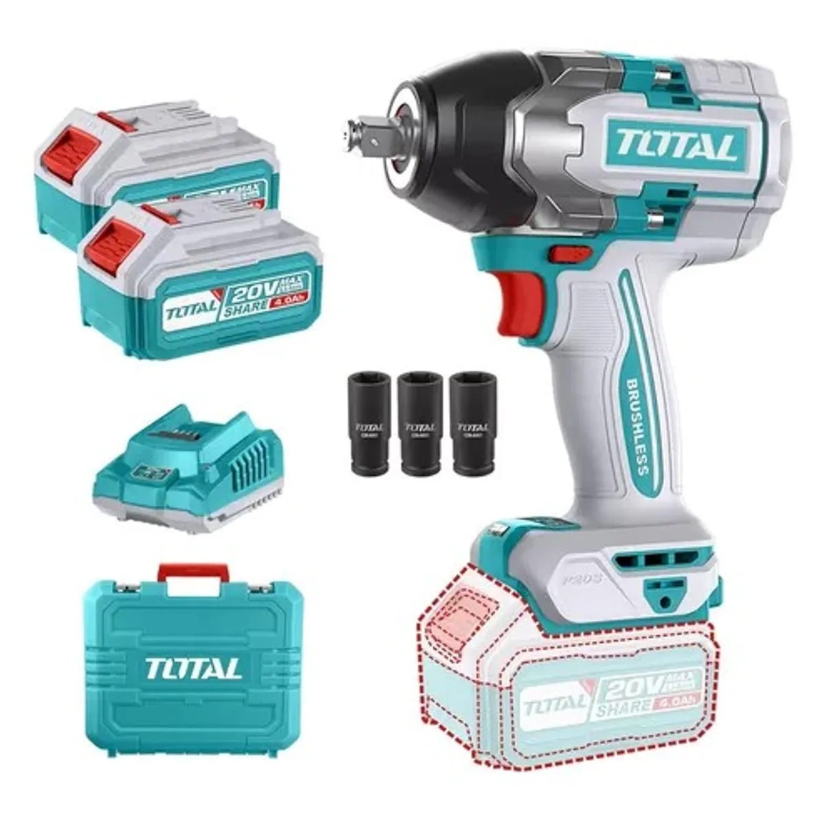 TOTAL TOOLS - Taladro Pistola Llave Impacto 20v 2bat+ Carg 850nm Total