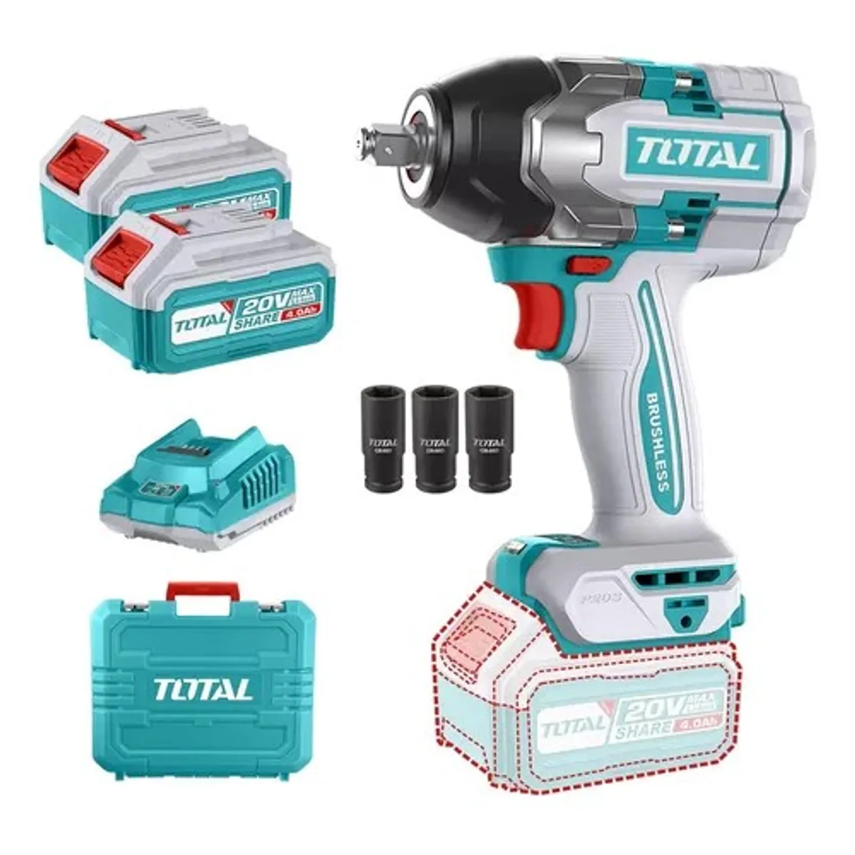 TOTAL TOOLS - Taladro Pistola Llave Impacto 20v 2bat+ Carg 850nm Total