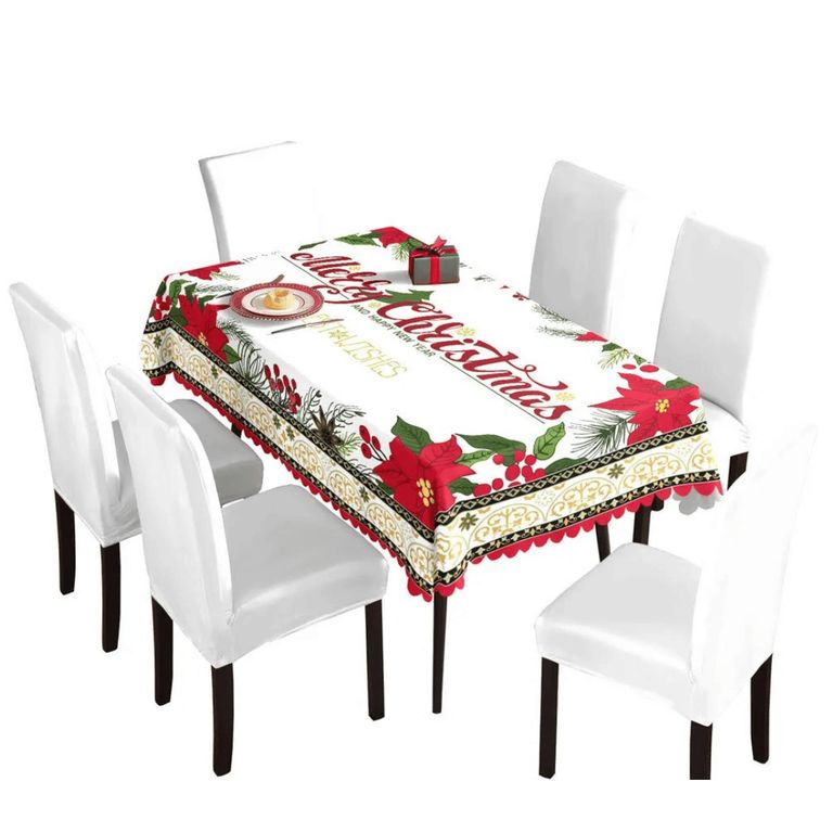 Mantel Navidad Merry Christmas Flores Rojas Poliester 137x140cm