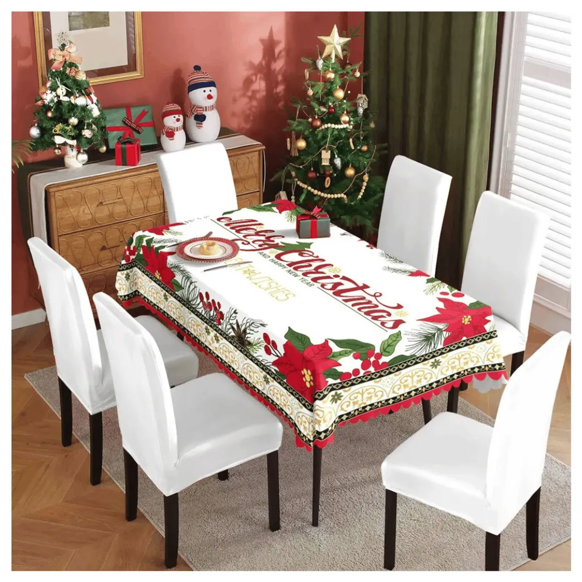 UTILISIMO - Mantel Navidad Merry Christmas Flores Rojas Poliéster 137x140cm