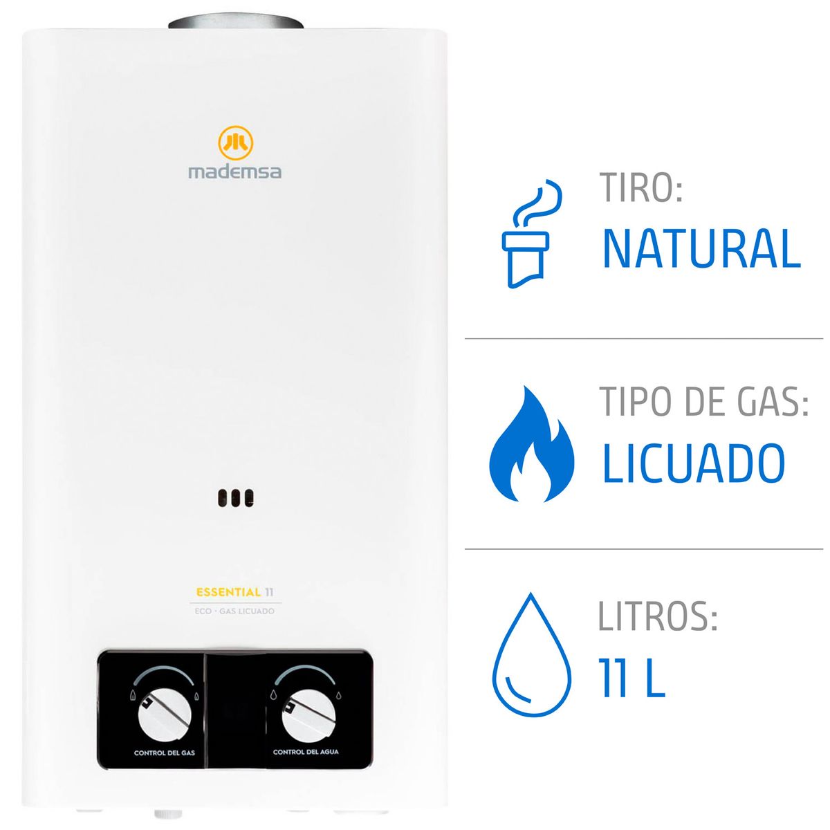 MADEMSA - Calefont Gas Licuado Mademsa 11 Litros Tiro Natural Ionizado Essential 11 Eco GL Blanco