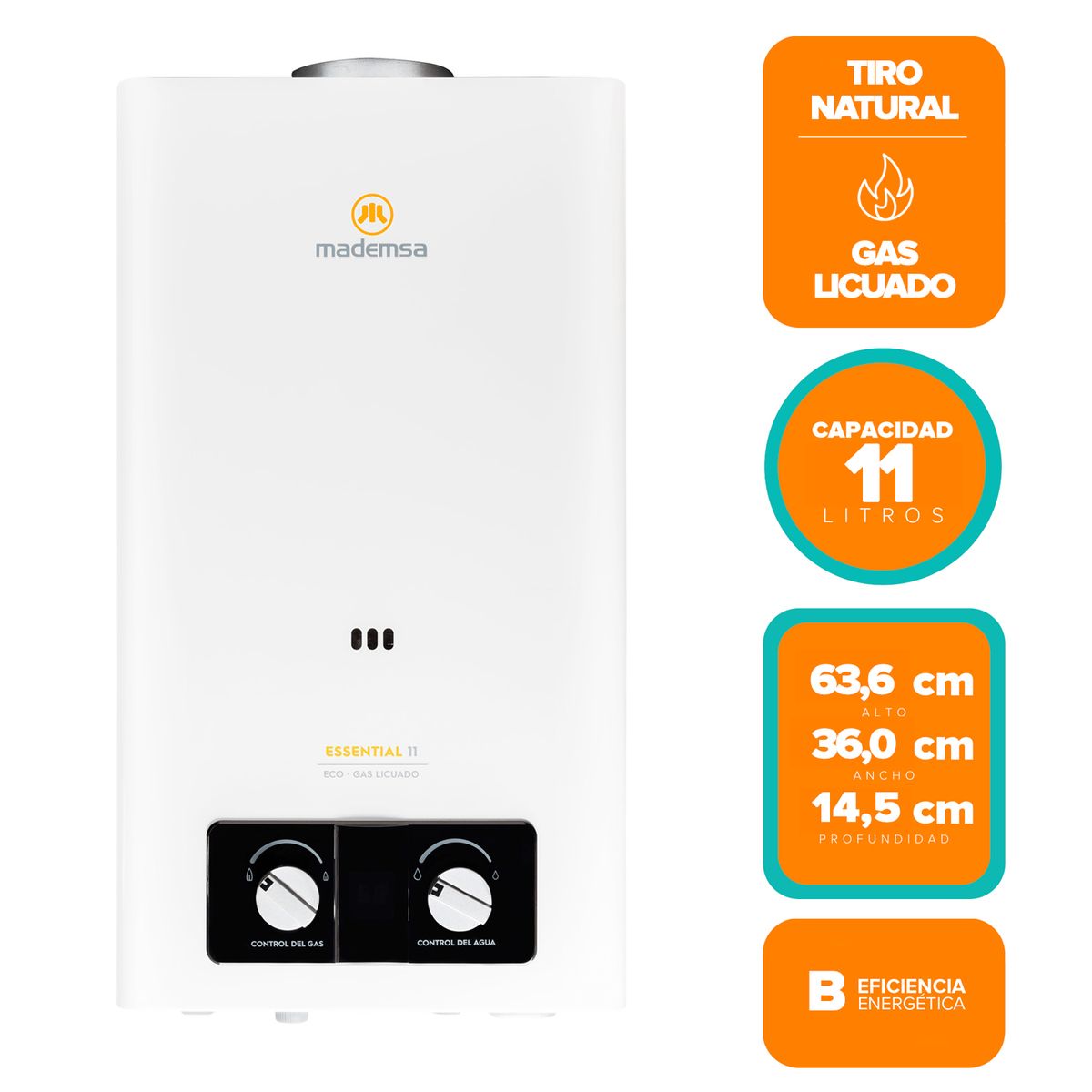 MADEMSA - Calefont Gas Licuado Mademsa 11 Litros Tiro Natural Ionizado Essential 11 Eco GL Blanco