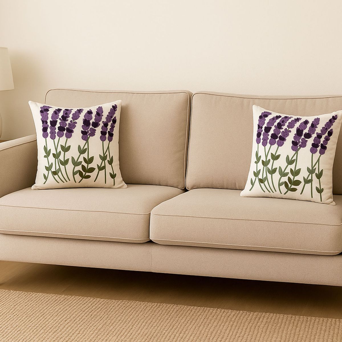 DECORACION CREATIVA - 2 Cojines Bordados con Relleno Incluido - Lavanda Lila