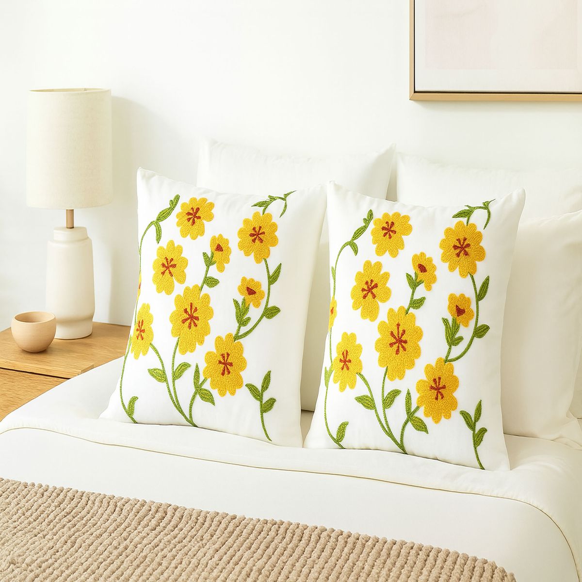 DECORACION CREATIVA - 2 Fundas  Bordado Cosmos Amarillo