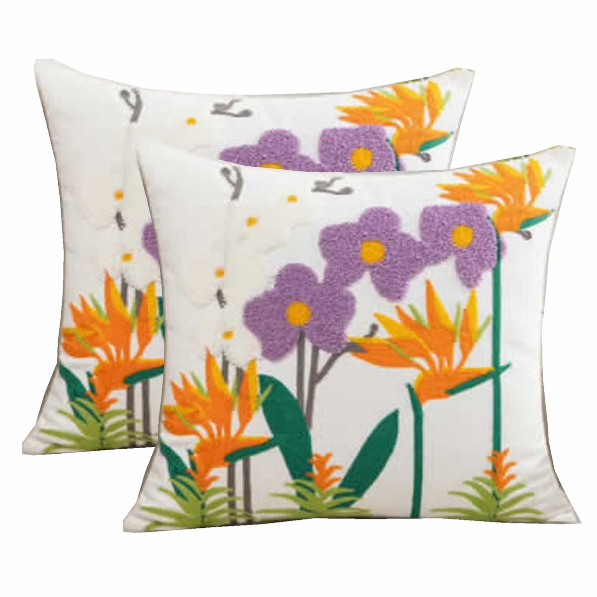 DECORACION CREATIVA - 2 Cojines Bordados con Relleno Incluido - Flor Pajaro