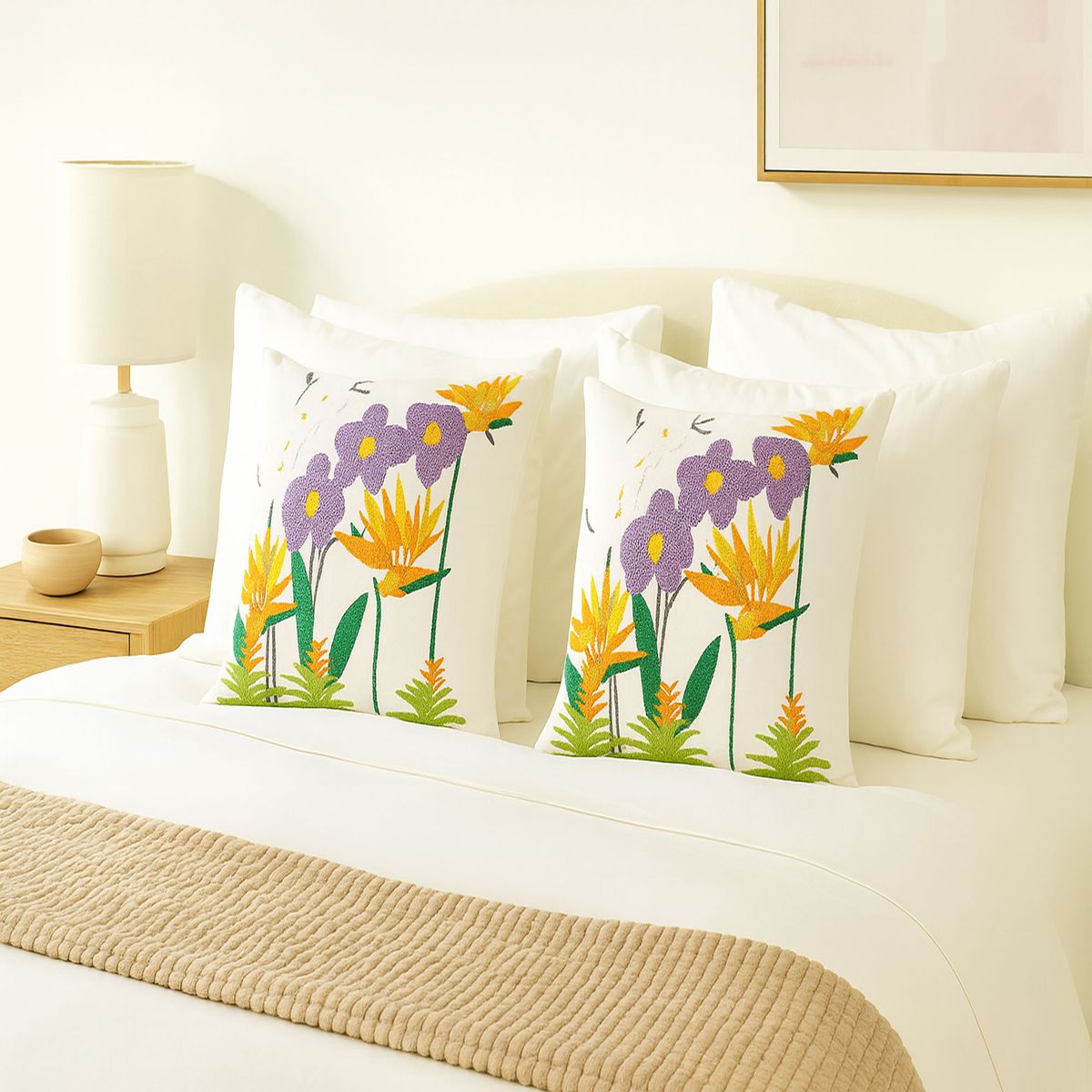 DECORACION CREATIVA - 2 Cojines Bordados con Relleno Incluido - Flor Pajaro