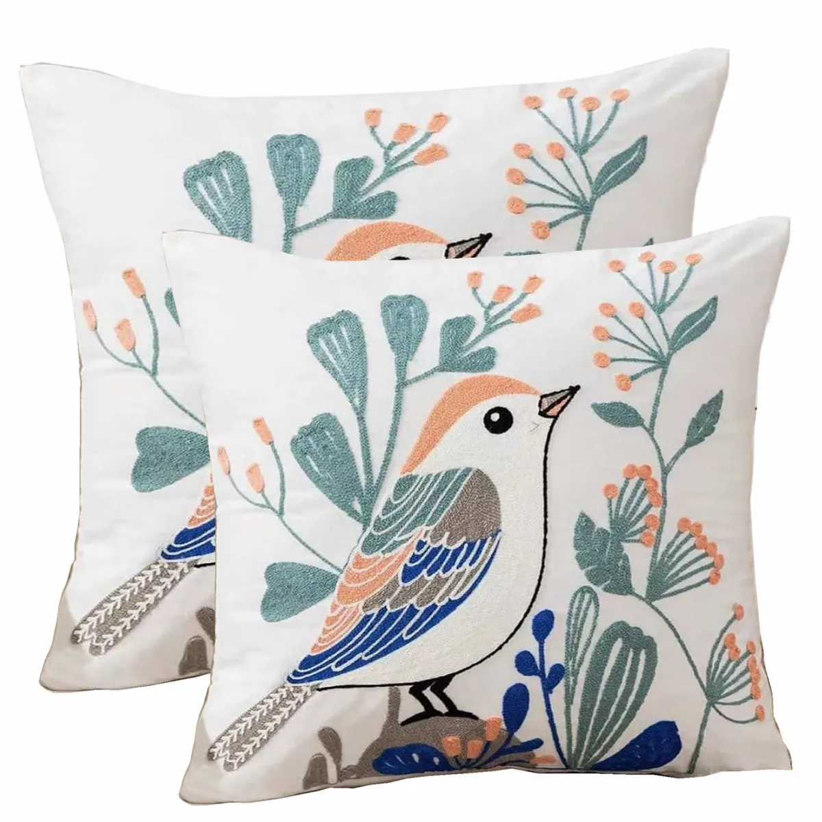 DECORACION CREATIVA - 2 Cojines Bordados Pajarito -  Relleno Incluido