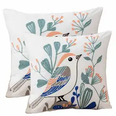 DECORACION CREATIVA - 2 Cojines Bordados Pajarito - Relleno Incluido