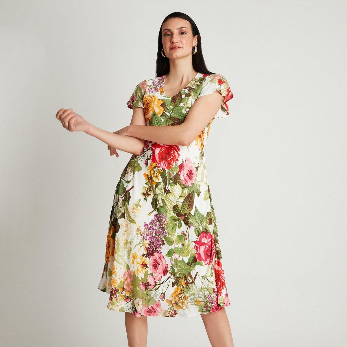 LORENZO DI PONTTI - Vestido Midi Crudo Manga Corta Estampado Cuello V