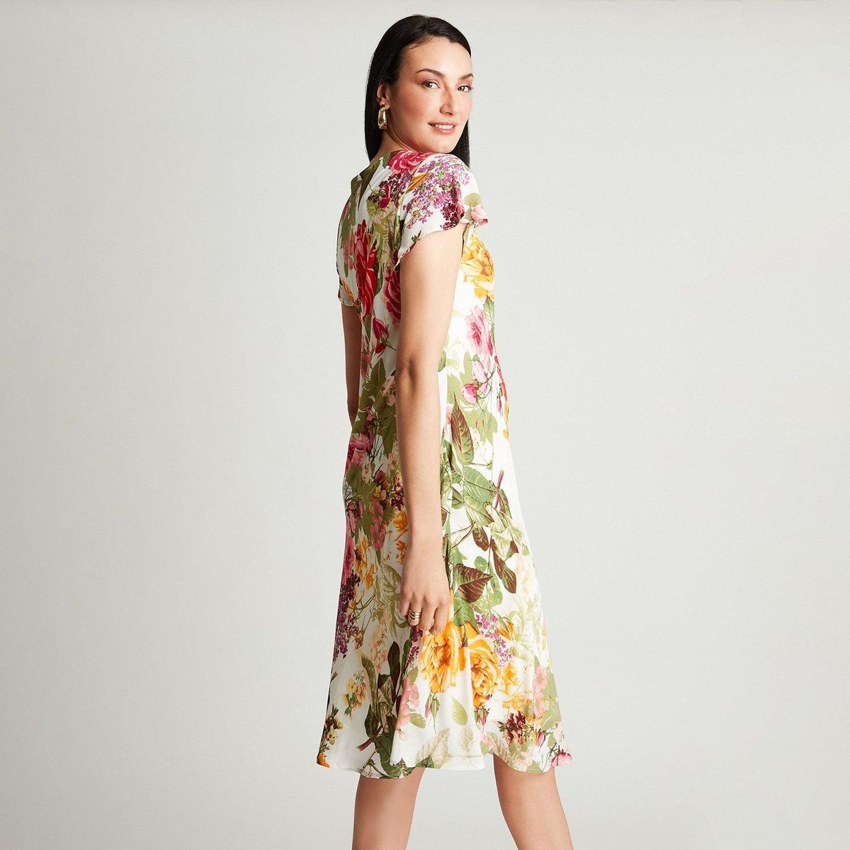 LORENZO DI PONTTI - Vestido Midi Crudo Manga Corta Estampado Cuello V