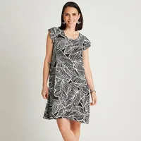 Vestido Corto Negro Manga Corta Estampado Cuello Redondo