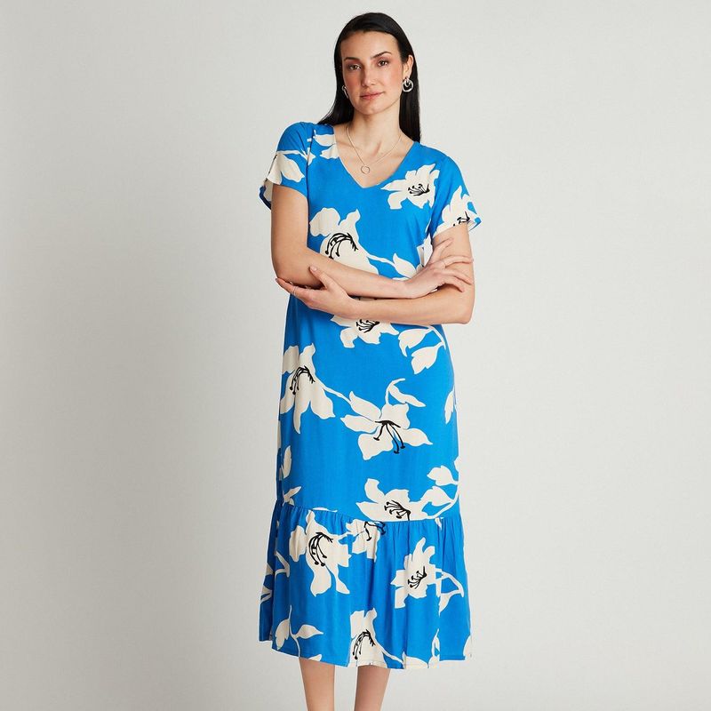CURVI - Vestido Maxi Azul Manga Corta Estampado Cuello V