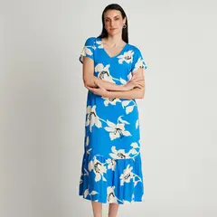 CURVI - Vestido Maxi Azul Manga Corta Estampado Cuello V