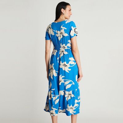 Imagen 2 del producto Vestido Maxi Azul Manga Corta Estampado Cuello V