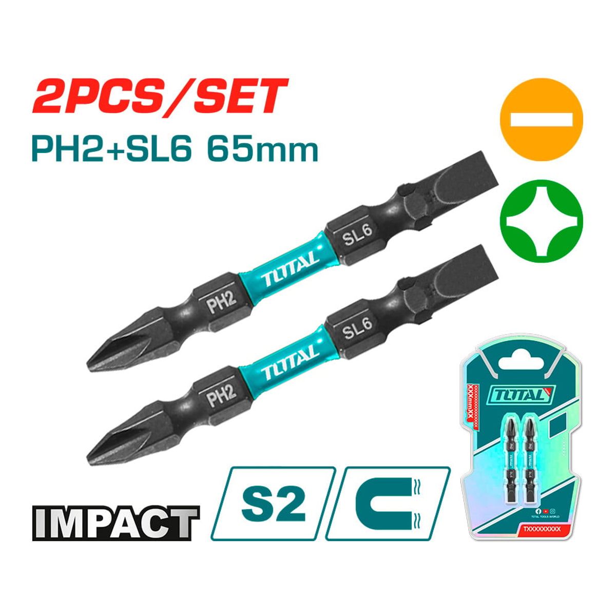 TOTAL - Puntas de Destornillador de Impacto S2 PH2 SL6 65MM Total