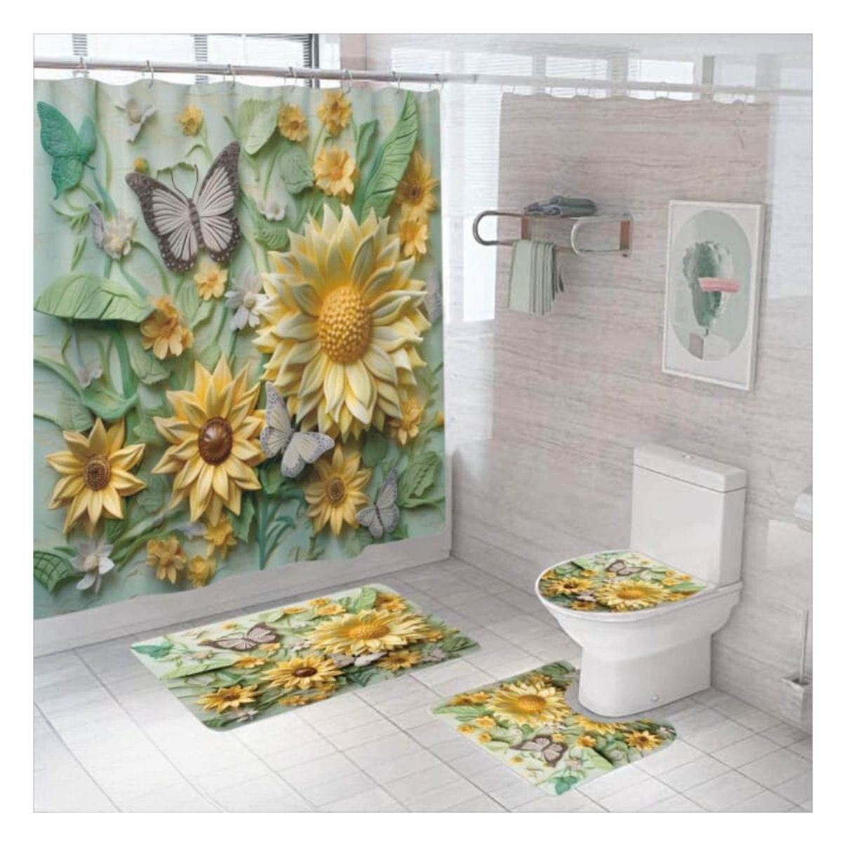 GENERICO - Juego De Cortina De Ducha Con Alfombras Antideslizante Set 4 Piezas