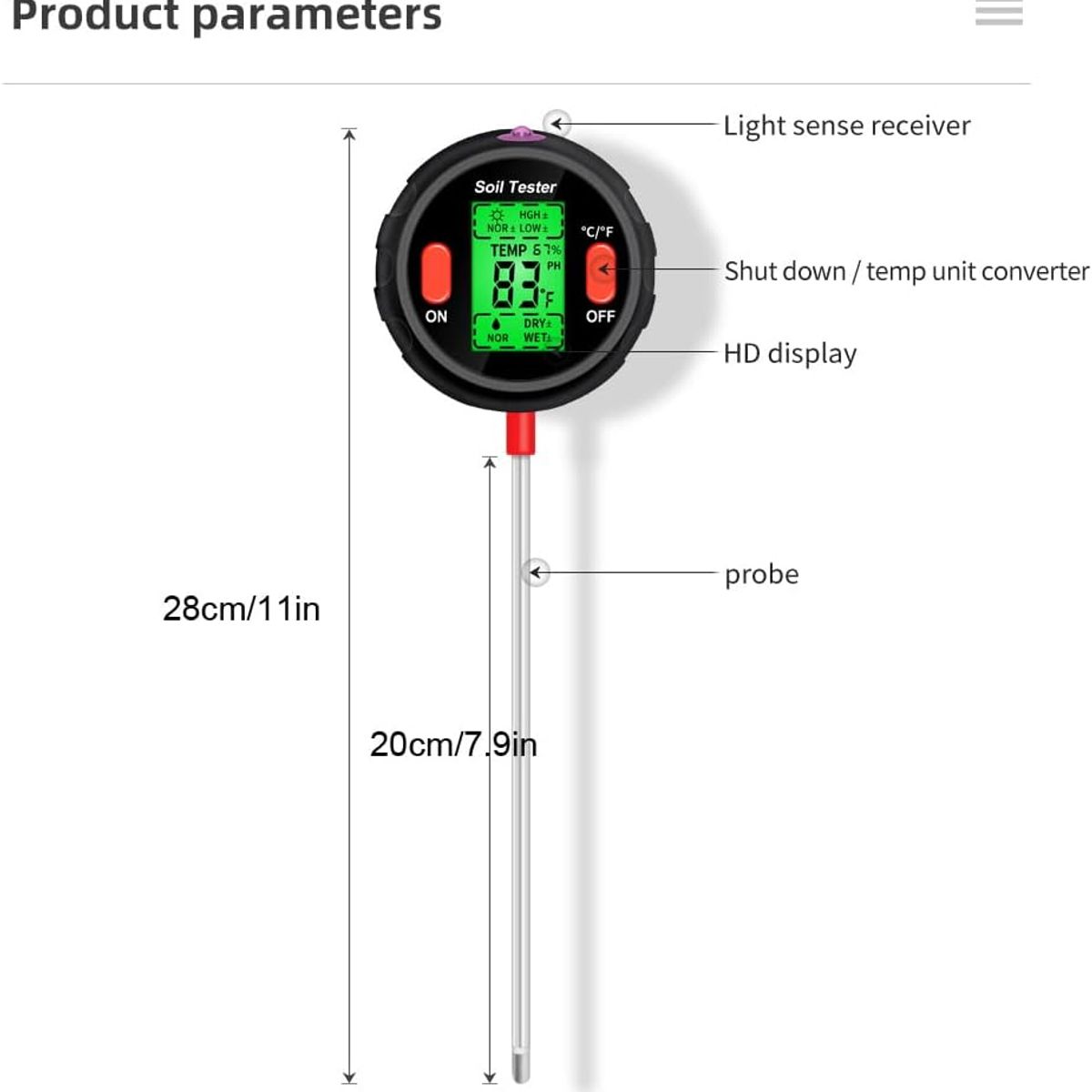 GENERICO - Medidor Ph Humedad Suelo Temperatura 5 En 1 Con iluminacion