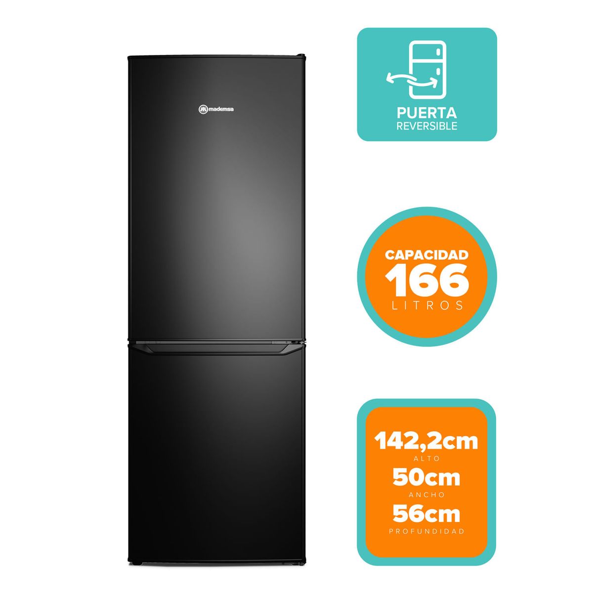 MADEMSA - Refrigerador Mademsa 166L Frío Directo Bottom Freezer Puerta Reversible MED165B Negro