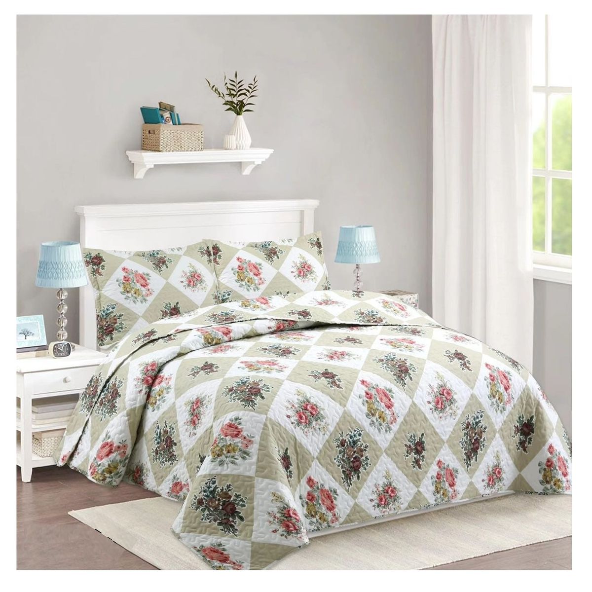 COMPRAPO - Cubrecama Quilt Liviano 2 Plazas Patch Roses + 2 Fundas 50x70 Cm