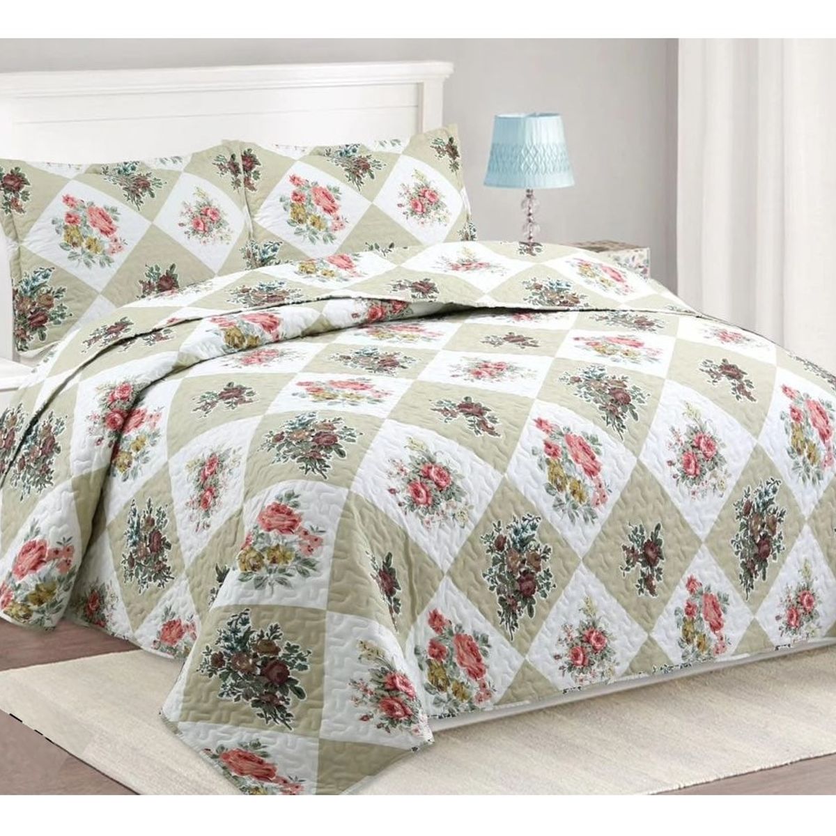 COMPRAPO - Cubrecama Quilt Liviano 2 Plazas Patch Roses + 2 Fundas 50x70 Cm