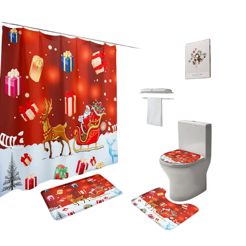 GENERICO - Set de Baño Navideño de 4 piezas /cortina / Alfombra