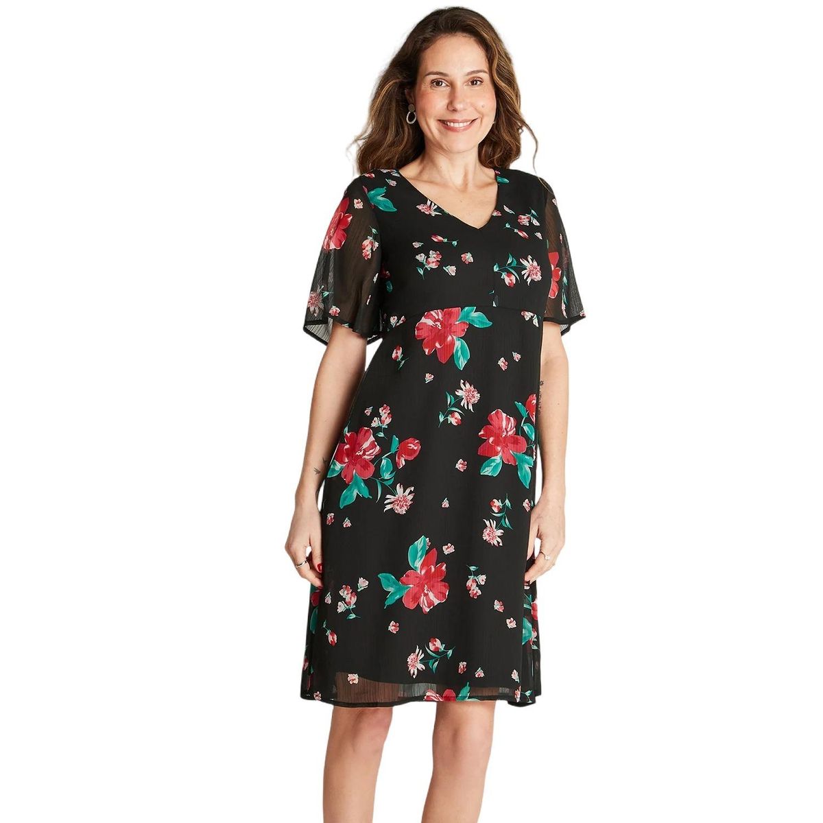 LORENZO DI PONTTI - Vestido Midi Negro Manga Corta Estampado Cuello V