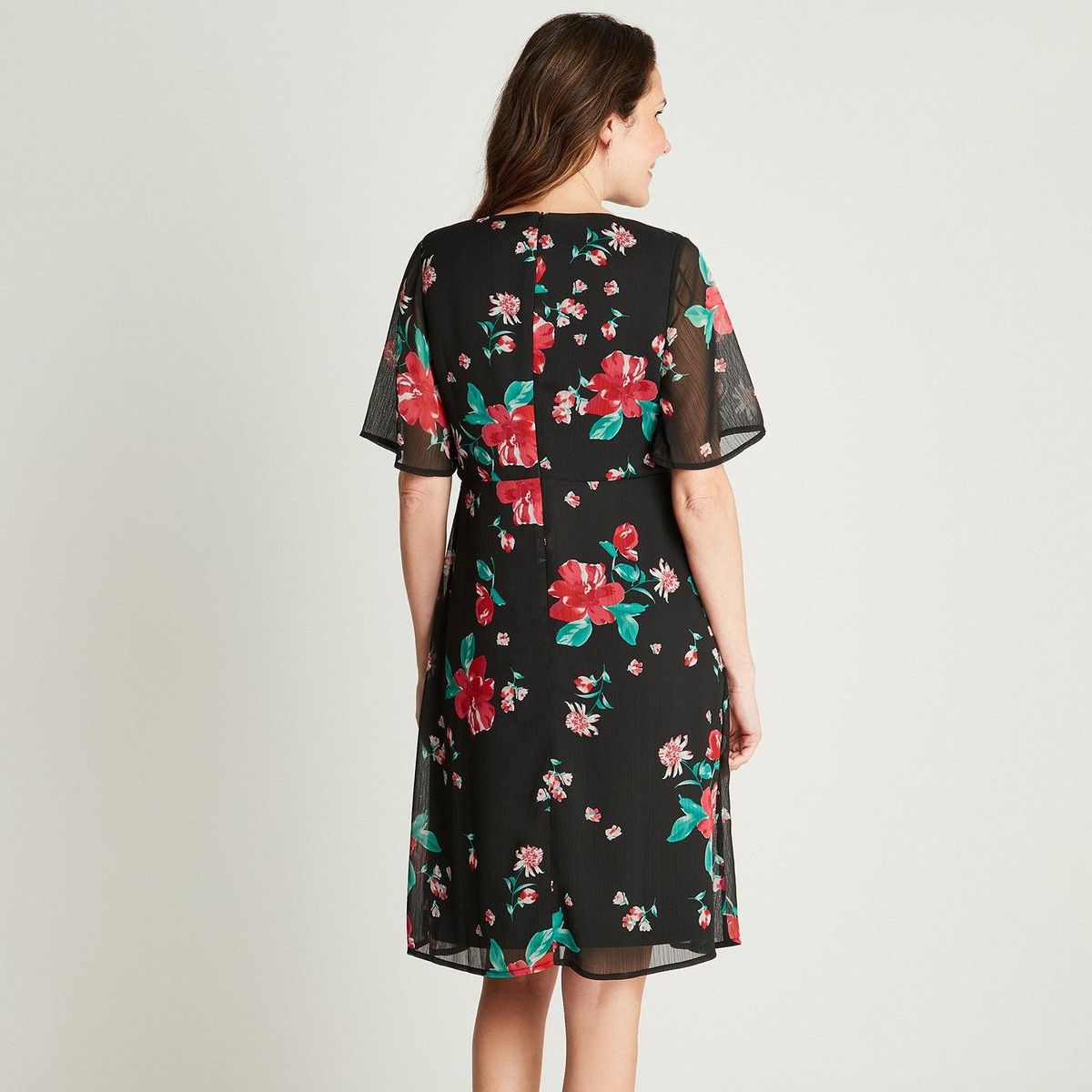 LORENZO DI PONTTI - Vestido Midi Negro Manga Corta Estampado Cuello V