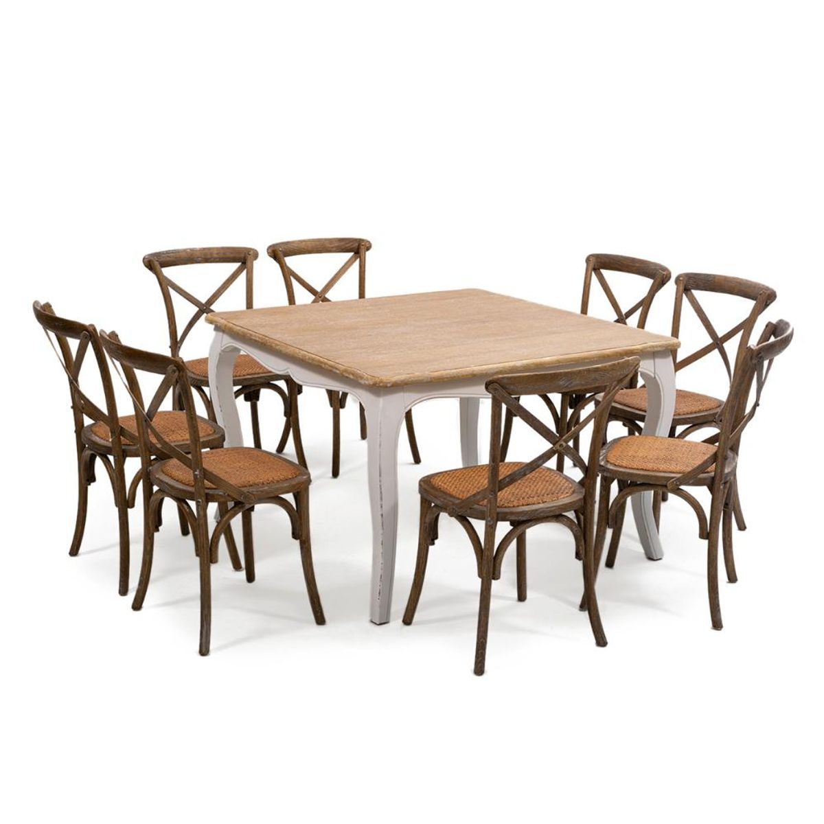 SPAZZIO - Comedor mesa Vittoria cuadrada blanca 120x120x75 cm + 8 sillas Retro albayalde