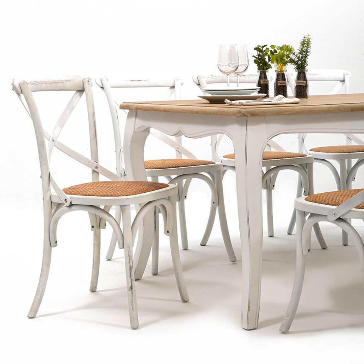 SPAZZIO - Comedor mesa Vittoria cuadrada 120x120 cm blanca + 8 sillas Retro blancas