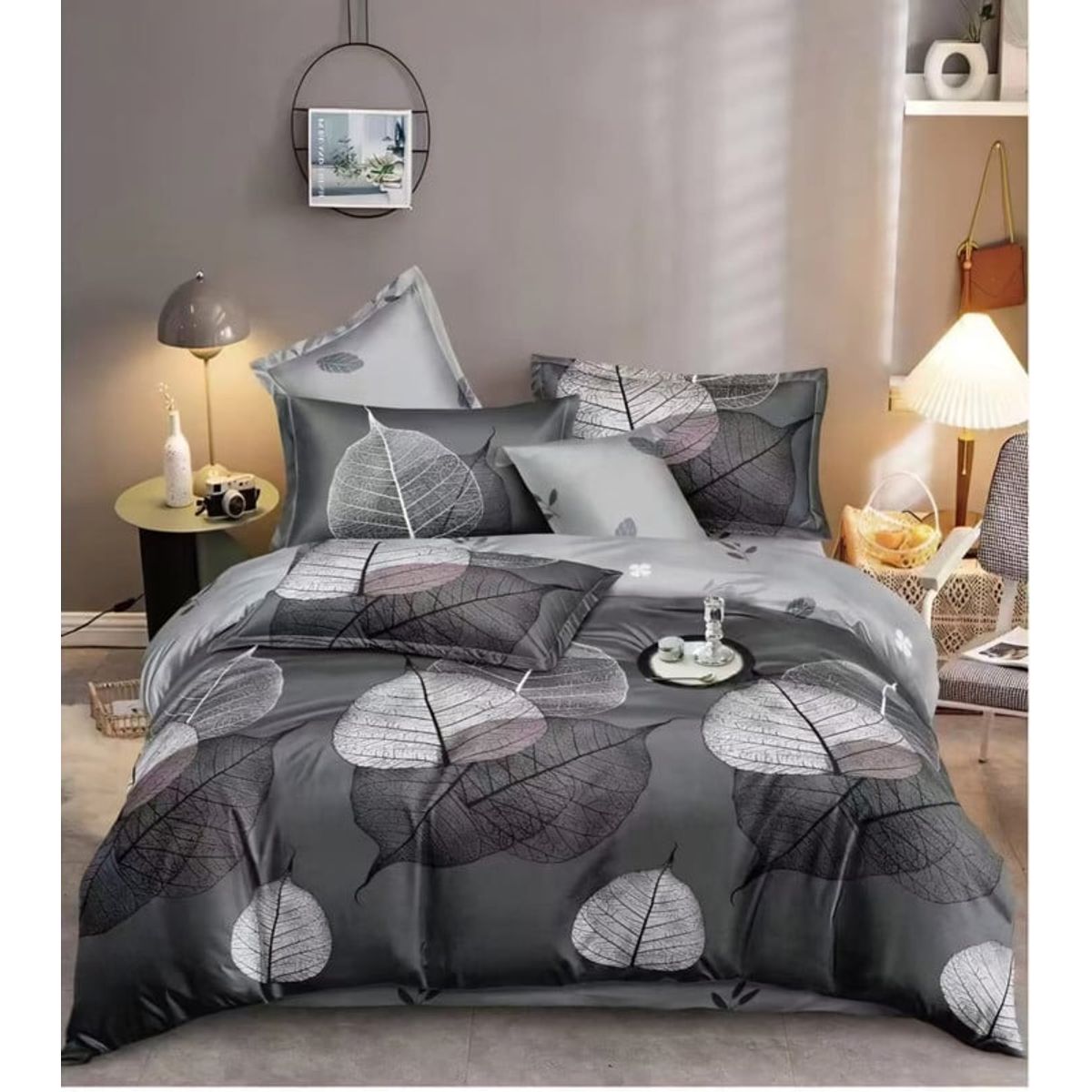 ANGELES DEL HOGAR - Juego Sabanas Plaza y Media + funda de Almohada Hojas Gris