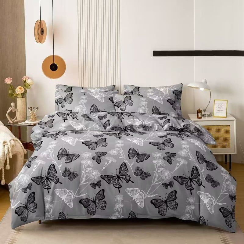 ANGELES DEL HOGAR - Juego Sabanas Plaza y Media + funda de Almohada Mariposas Gris