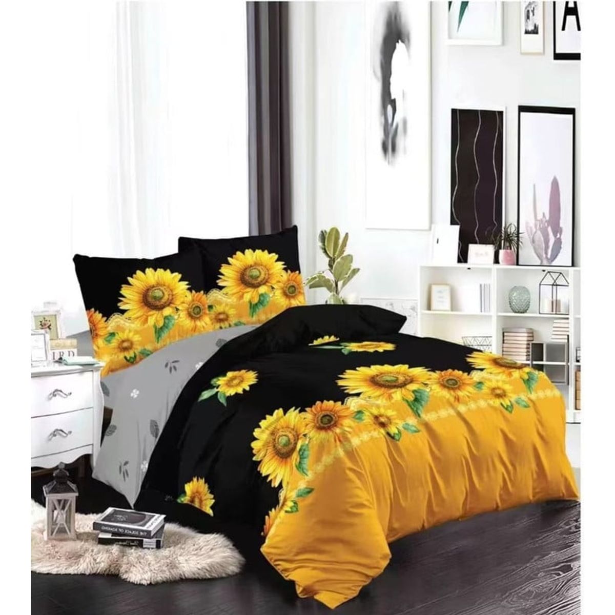 ANGELES DEL HOGAR - Juego Sabanas Plaza y Media + funda de Almohada Girasol Amarillo y Negro