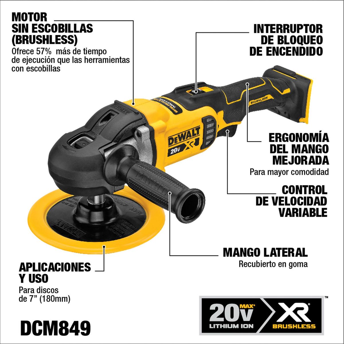 DEWALT - Pulidora giratoria 20V S/Carbones y S/Batería DEWALT DCM849B