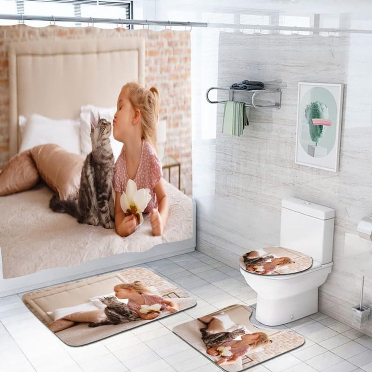 ANGELES DEL HOGAR - Juego de Baño 4 piezas Modelo Niña y Gato