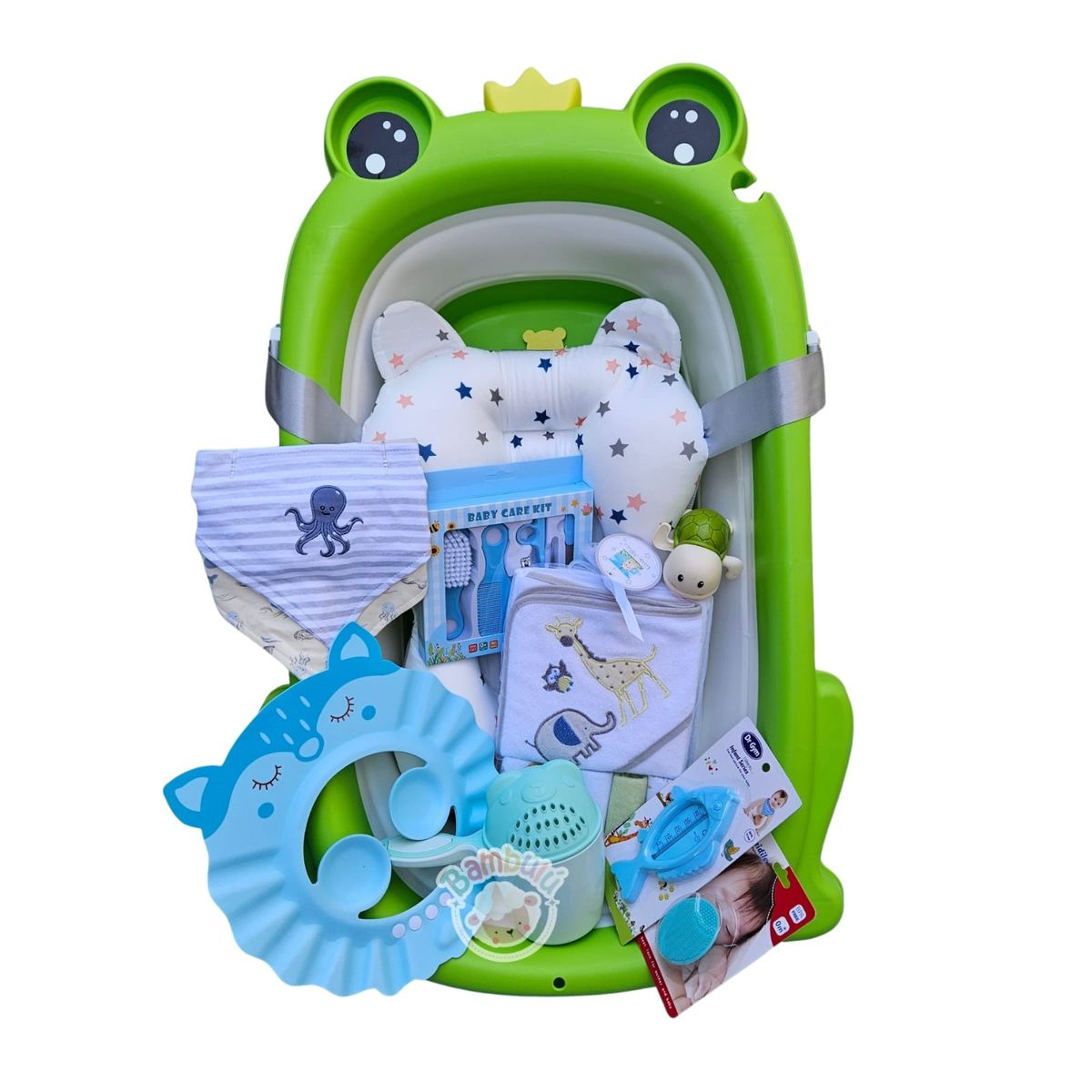 GENERICO - Bañera Plegable Con Termómetro Ranita + Accesorios Bebe