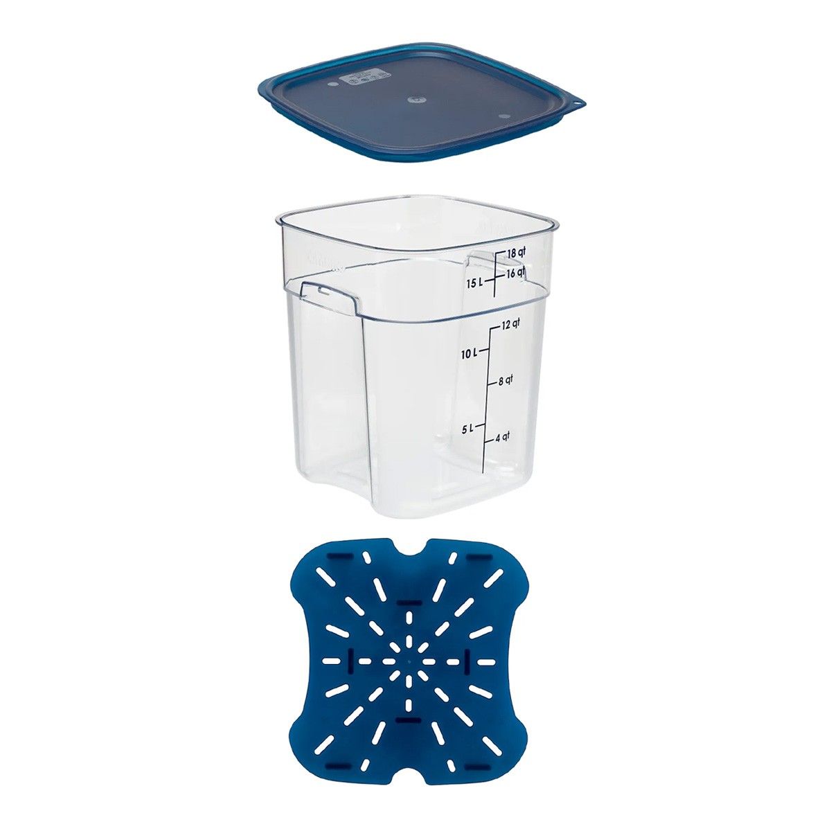 CAMBRO - RECIPIENTE GRADUADO CUADRADO POLICARBONATO 18 LTS CON TAPA AZUL Y DRENAJE