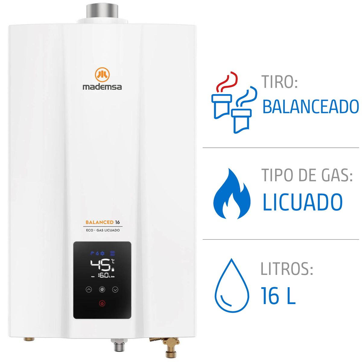 MADEMSA - Calefont Gas Licuado Mademsa 16 Litros Tiro Balanceado Cámara Estanca Balanced 16 Eco GL