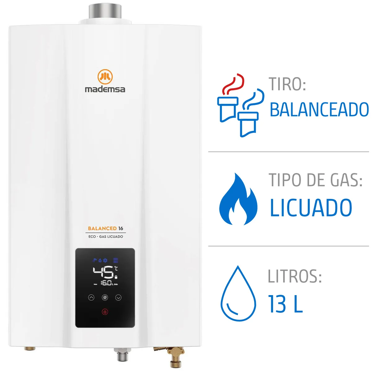 MADEMSA - Calefont Gas Licuado Mademsa 13 Litros Tiro Balanceado Cámara Estanca Balanced 13 Eco GL