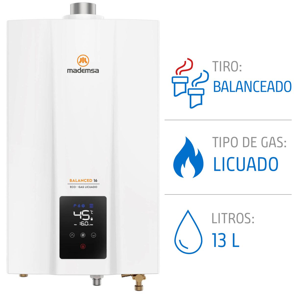 MADEMSA - Calefont Gas Licuado Mademsa 13 Litros Tiro Balanceado Cámara Estanca Balanced 13 Eco GL
